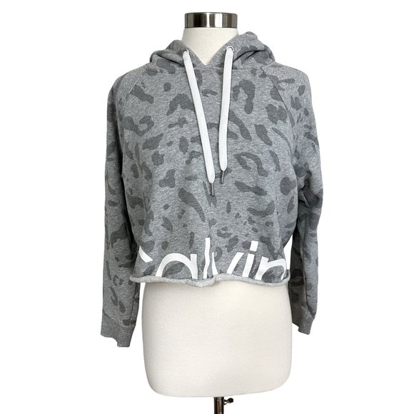 Calvin Klein Performance M Gray Logo Leopard Crop Hoodie Sweatshirt - Picture 1 of 8